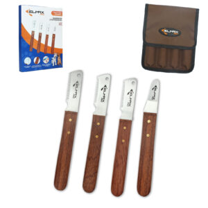 Professional Slant Tooth Stripping Knife for dogs (Pack of 4) Stainless Steel Blades & Rosewood Handle, Efficient Undercoat Removal, Hand Stripping Tools for dog grooming (Right-Handed)