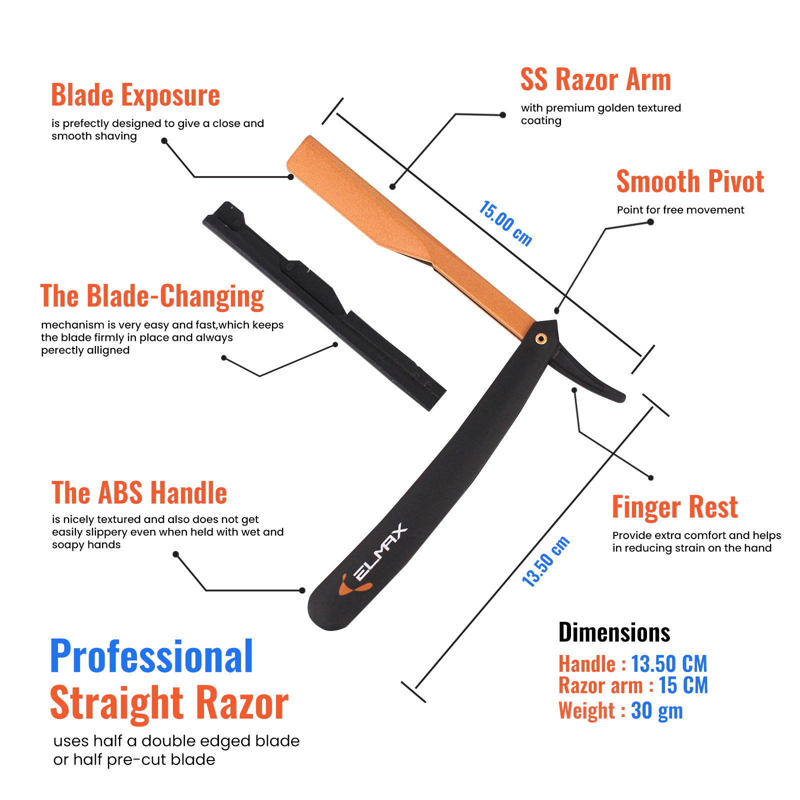 Elmax Blaze Cut Throat Razor For Men - Premium Quality Straight Edge Razor, Barber Razor,Moustache & Beard Shaving Razor Uses Single Edge Razor Blades