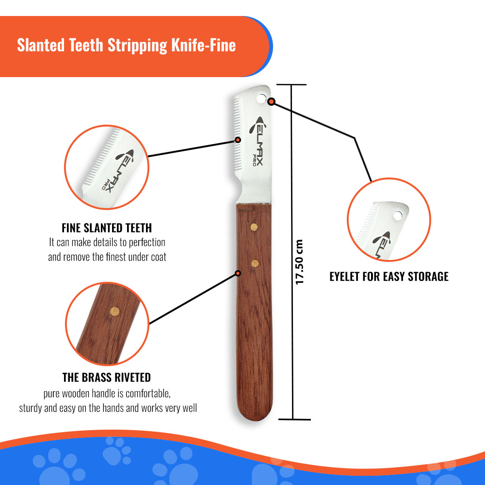 Professional Slant Tooth Stripping Knife for dogs (Pack of 4) Stainless Steel Blades & Rosewood Handle, Efficient Undercoat Removal, Hand Stripping Tools for dog grooming (Right-Handed)